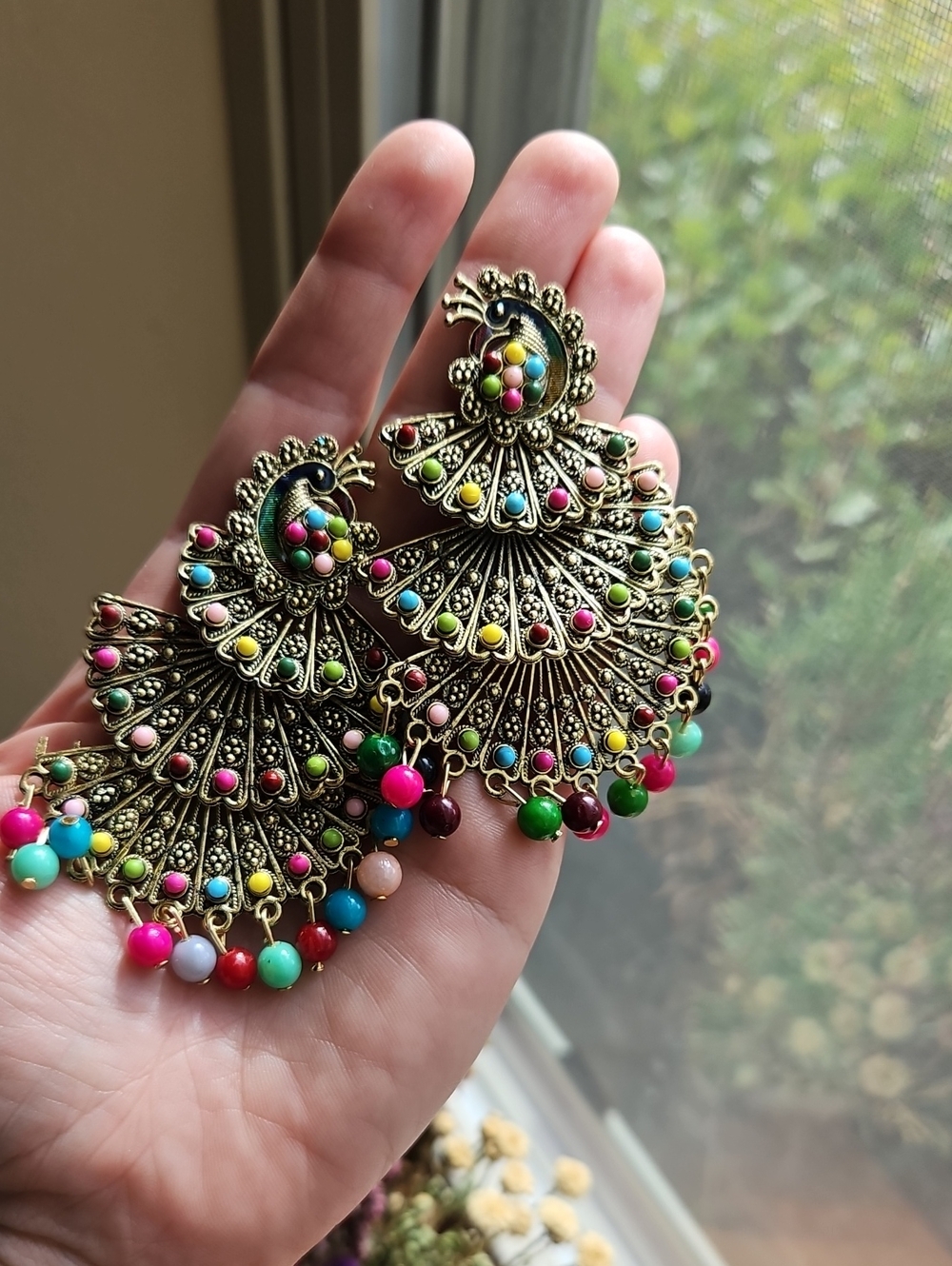 Gold Tone Colorful Peacock Dangle Earrings Indian Pakistani Wedding Guest Desi